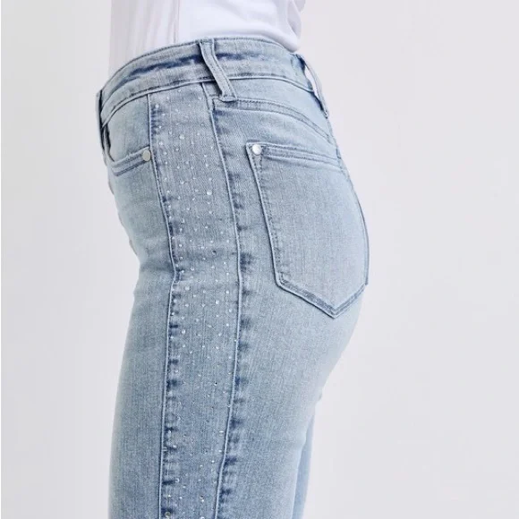 Judy Blue Full Size Mid Rise Rhinestone Side Panel Detail Flare Jeans Plus Size - Picture 8 of 15